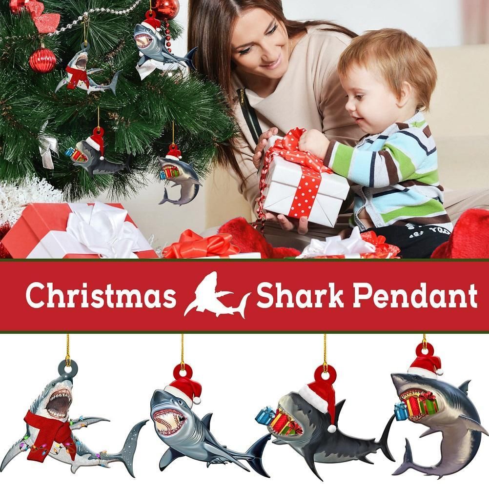 4Pcs Merry Christmas Wooden Pendant Christmas Tree Shark Pendant for Christmas Party Window Table Decoration