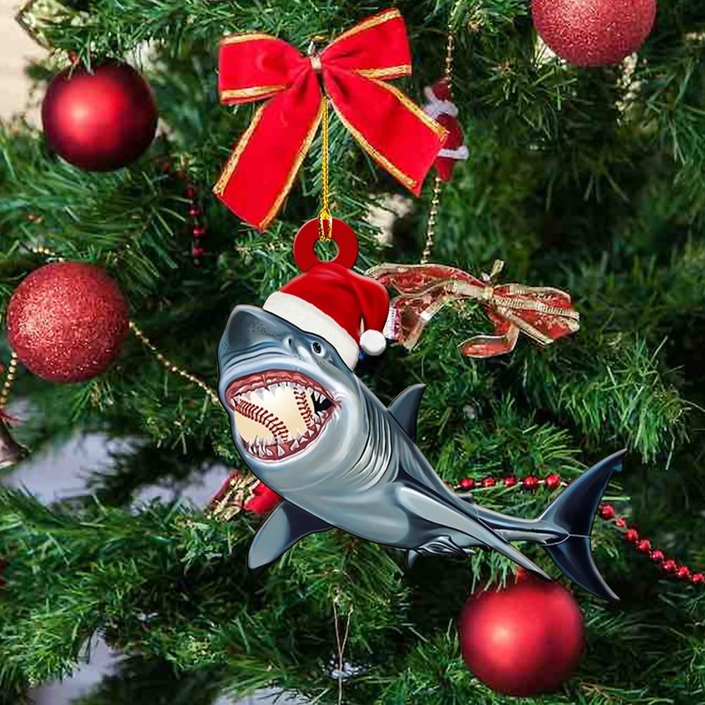 4Pcs Merry Christmas Wooden Pendant Christmas Tree Shark Pendant for Christmas Party Window Table Decoration