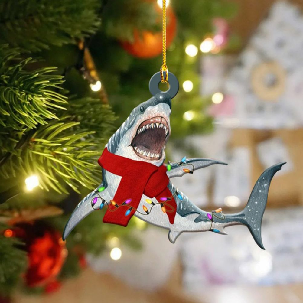 Christmas Decorations Wooden Shark Family Pendant Cute Fun Christmas Tree Hanging Decorations