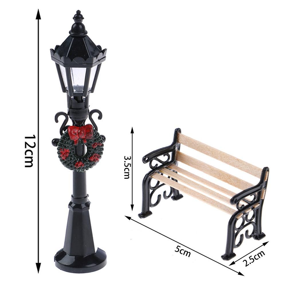 2Pcs Miniature Christmas Street Lamp Post Park Bench Seat Mini Street Light Model Dollhouse Xmas Village Pathway Fairy Garden Accessories
