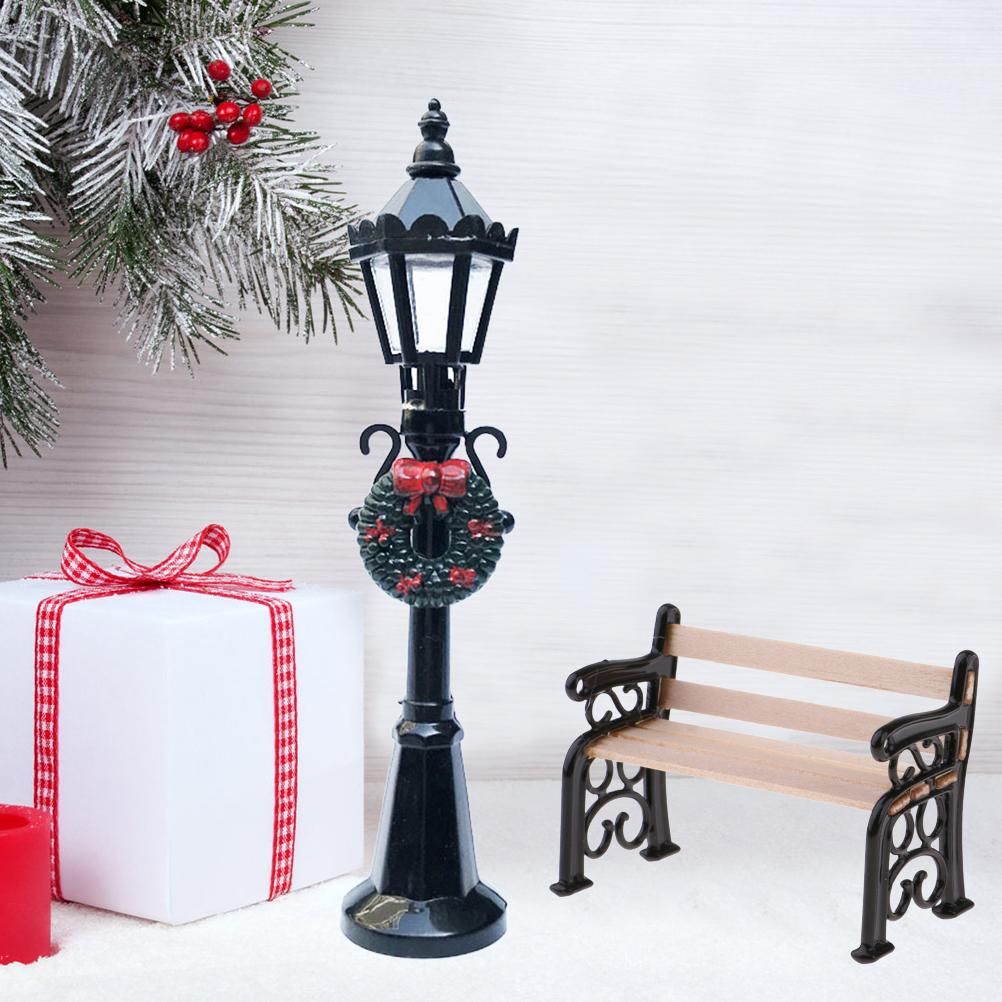 2Pcs Miniature Christmas Street Lamp Post Park Bench Seat Mini Street Light Model Dollhouse Xmas Village Pathway Fairy Garden Accessories