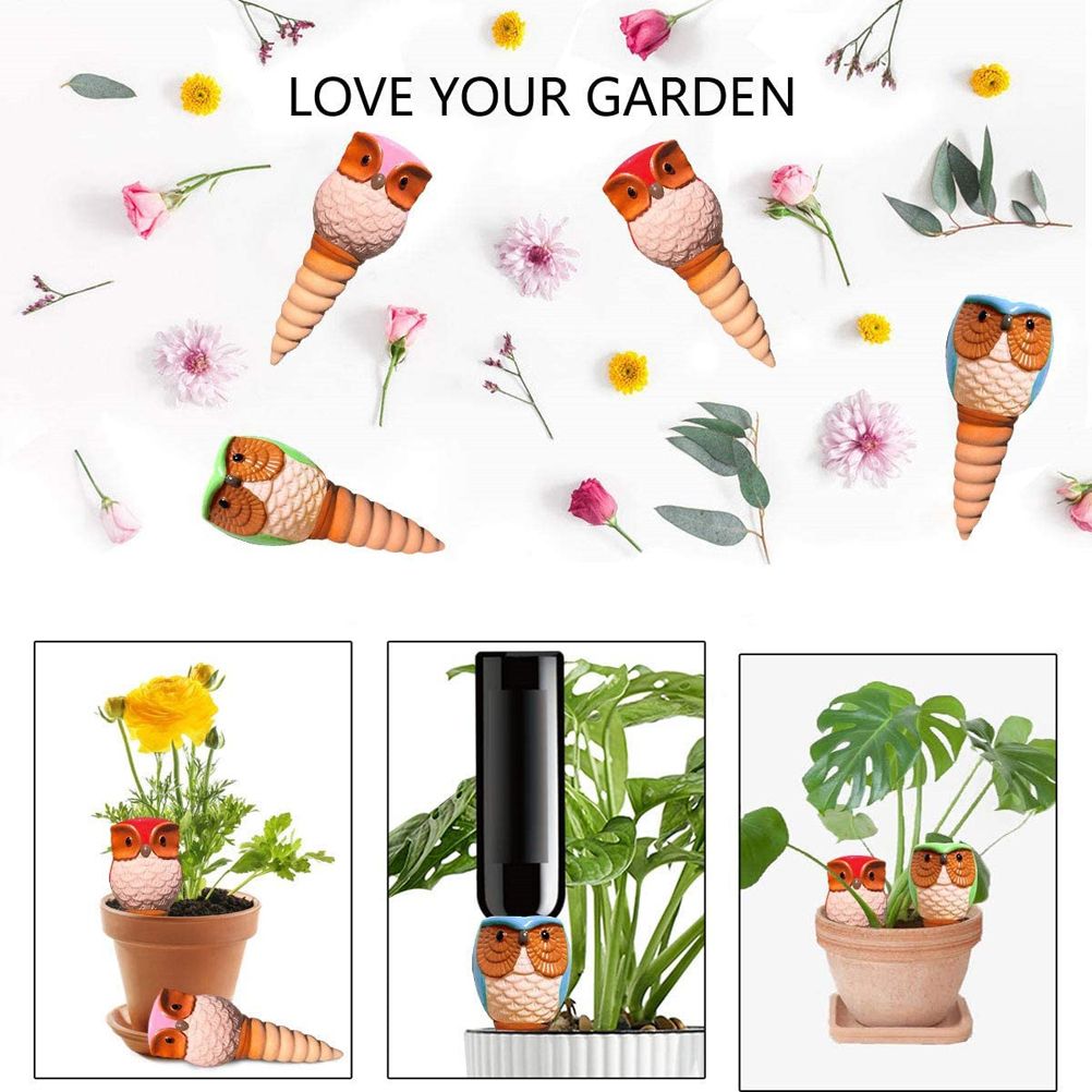 6Pcs Owl Plant Irrigation Automatic Watering Stakes Terracotta Spiral Devices for Indoor and Outdoor Plants Watering