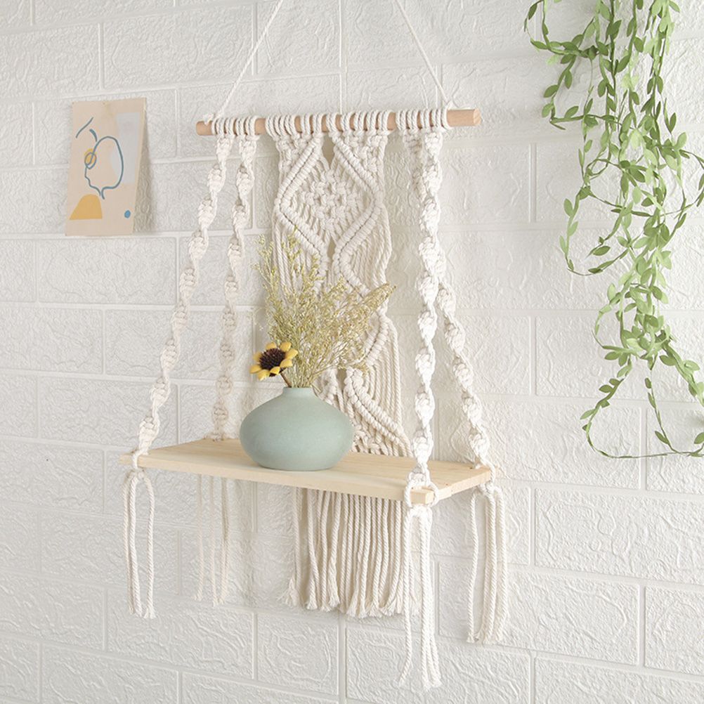 Boho Macrame Wall Hanging Shelf Macrame Wall Decor Woven Tassel Tapestry Wall Shelf Handmade Cotton Rope Plant Holder Tapestry