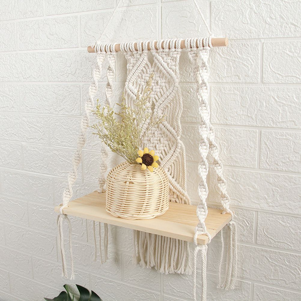 Boho Macrame Wall Hanging Shelf Macrame Wall Decor Woven Tassel Tapestry Wall Shelf Handmade Cotton Rope Plant Holder Tapestry