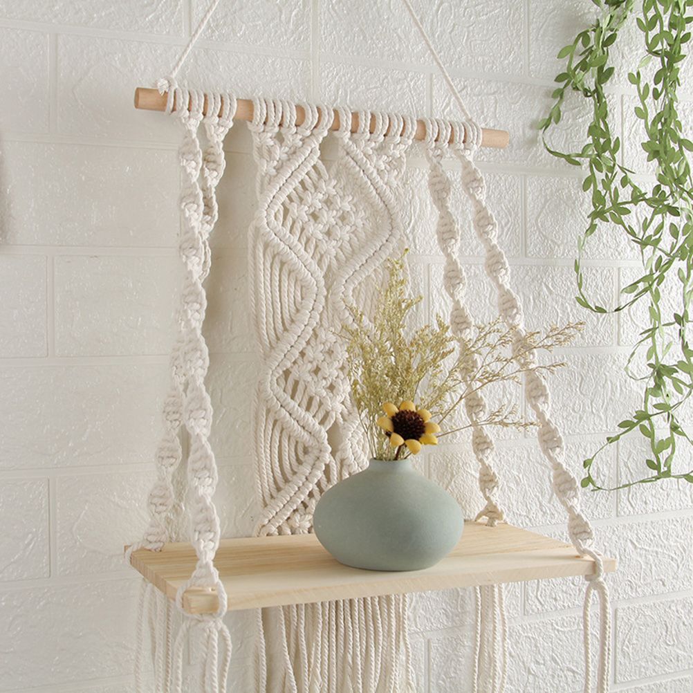 Boho Macrame Wall Hanging Shelf Macrame Wall Decor Woven Tassel Tapestry Wall Shelf Handmade Cotton Rope Plant Holder Tapestry