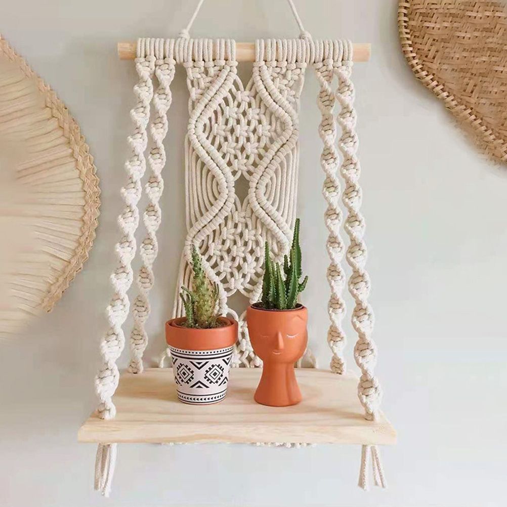 Boho Macrame Wall Hanging Shelf Macrame Wall Decor Woven Tassel Tapestry Wall Shelf Handmade Cotton Rope Plant Holder Tapestry