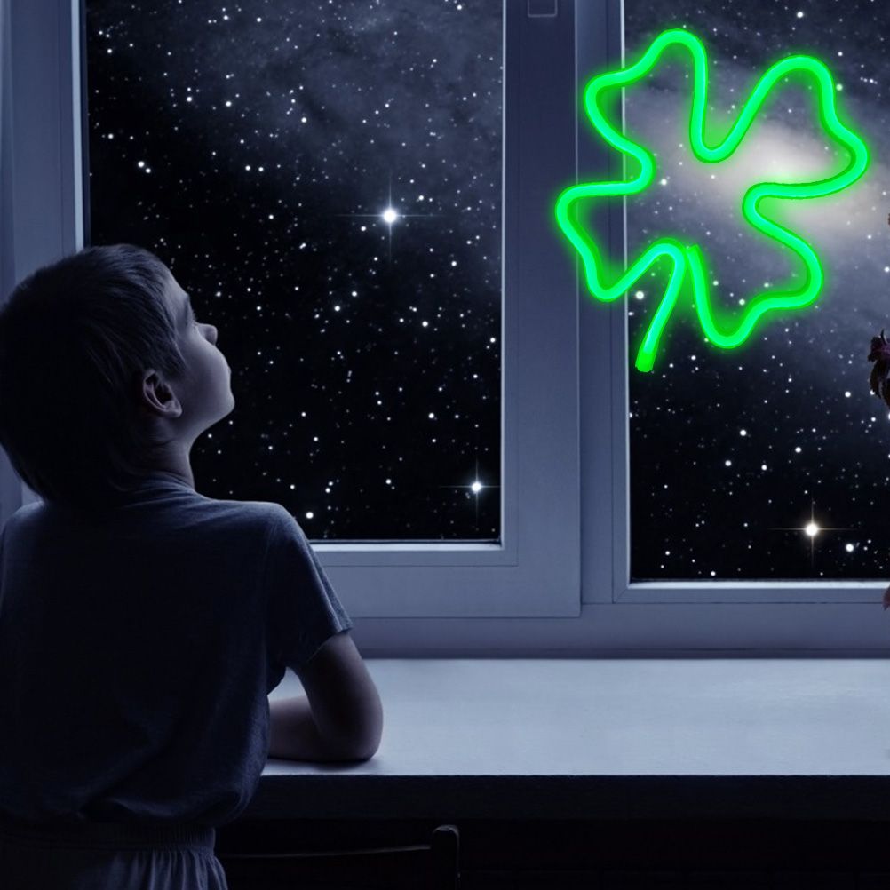 St Patricks Day Decoration Lights LED Neon Light Green Clover Window Lights Irish Shamrock Neon Tube Signs for Window Wall Decor