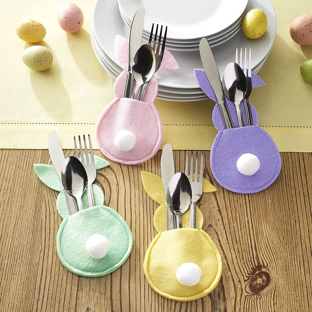 16Pcs Easter Bunny Cutlery Bags Rabbit Flatware Holder Tableware Utensil Storage Bags for Home Party Tabletop