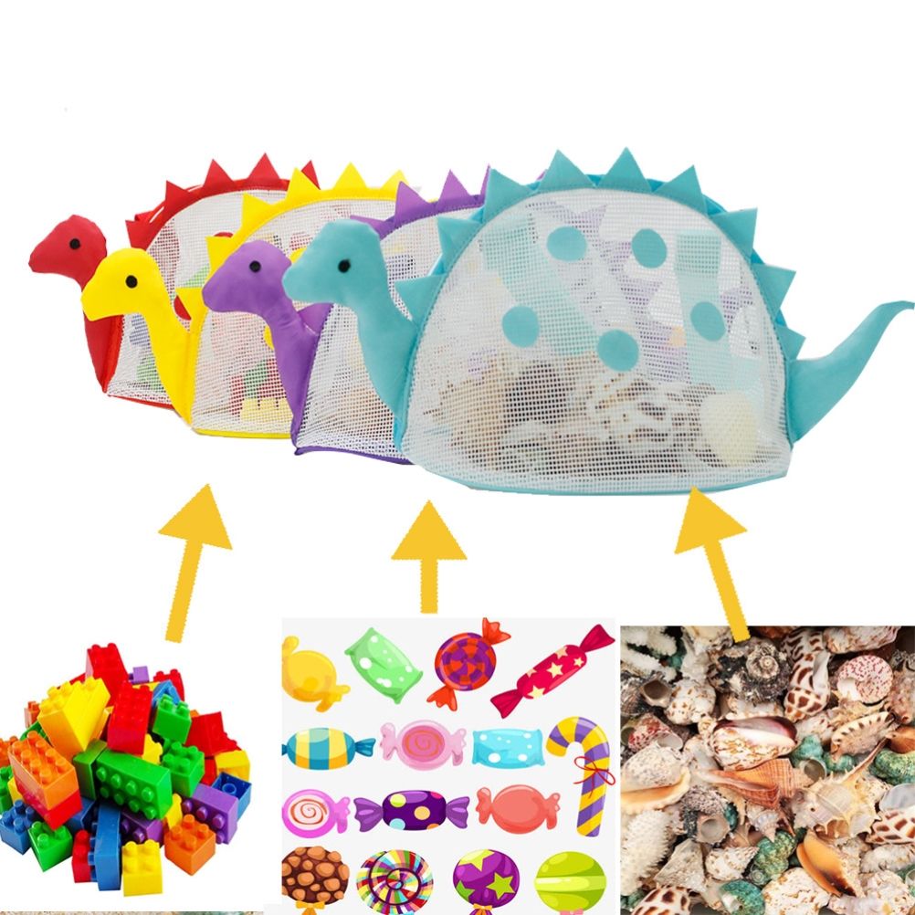 Dinosaur Mesh Beach Bag for Kids Shell Collecting Totes Portable Beach Holding Bag for Boys and Girls