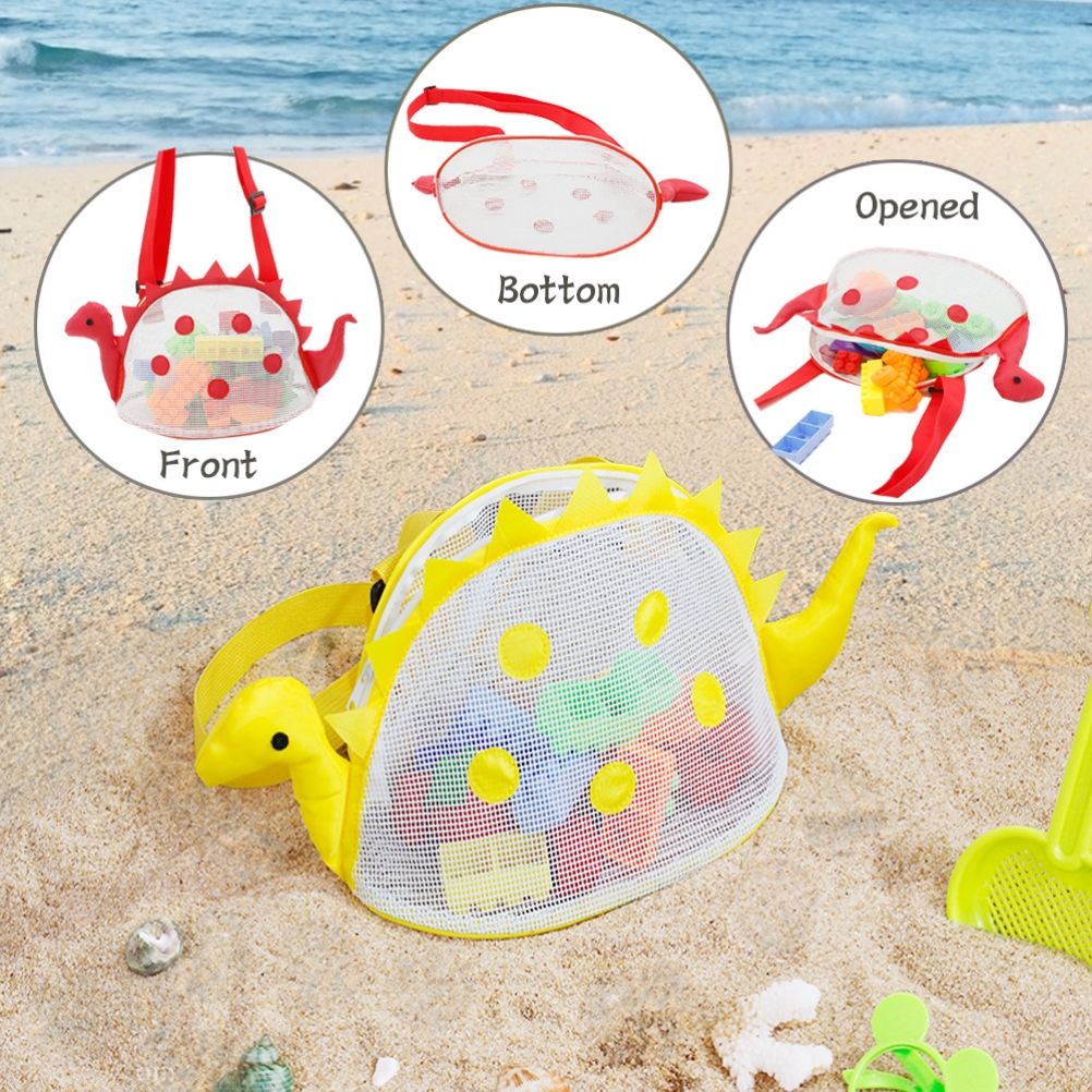 Dinosaur Mesh Beach Bag for Kids Shell Collecting Totes Portable Beach Holding Bag for Boys and Girls