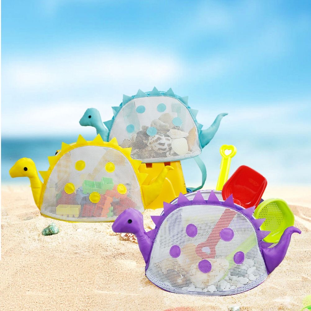 Dinosaur Mesh Beach Bag for Kids Shell Collecting Totes Portable Beach Holding Bag for Boys and Girls