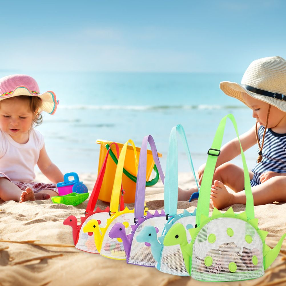 Dinosaur Mesh Beach Bag for Kids Shell Collecting Totes Portable Beach Holding Bag for Boys and Girls