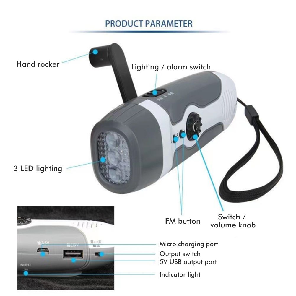 Hand Crank Charging Flashlight with 3 LED Light FM Radio Alarm for Travel Camping Mining Disaster