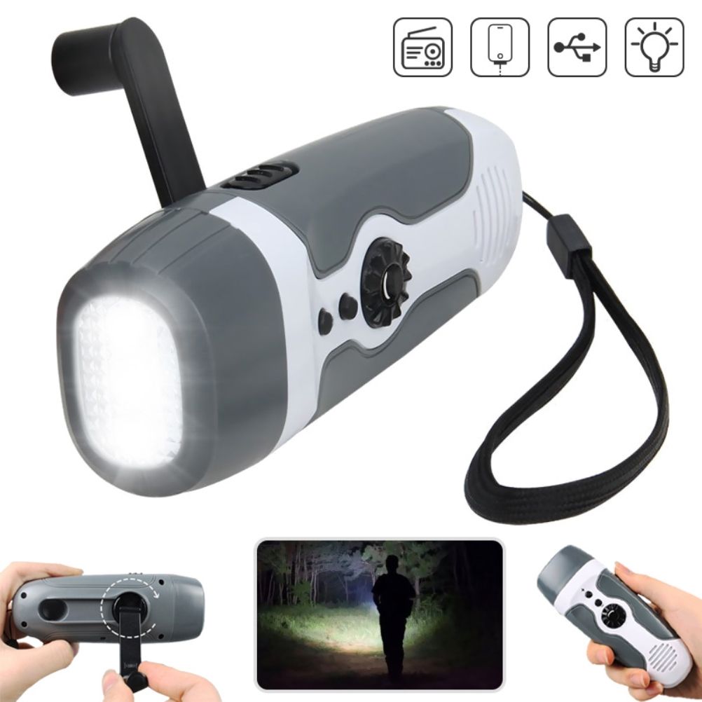 Hand Crank Charging Flashlight with 3 LED Light FM Radio Alarm for Travel Camping Mining Disaster