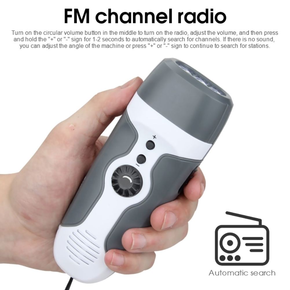 Hand Crank Charging Flashlight with 3 LED Light FM Radio Alarm for Travel Camping Mining Disaster