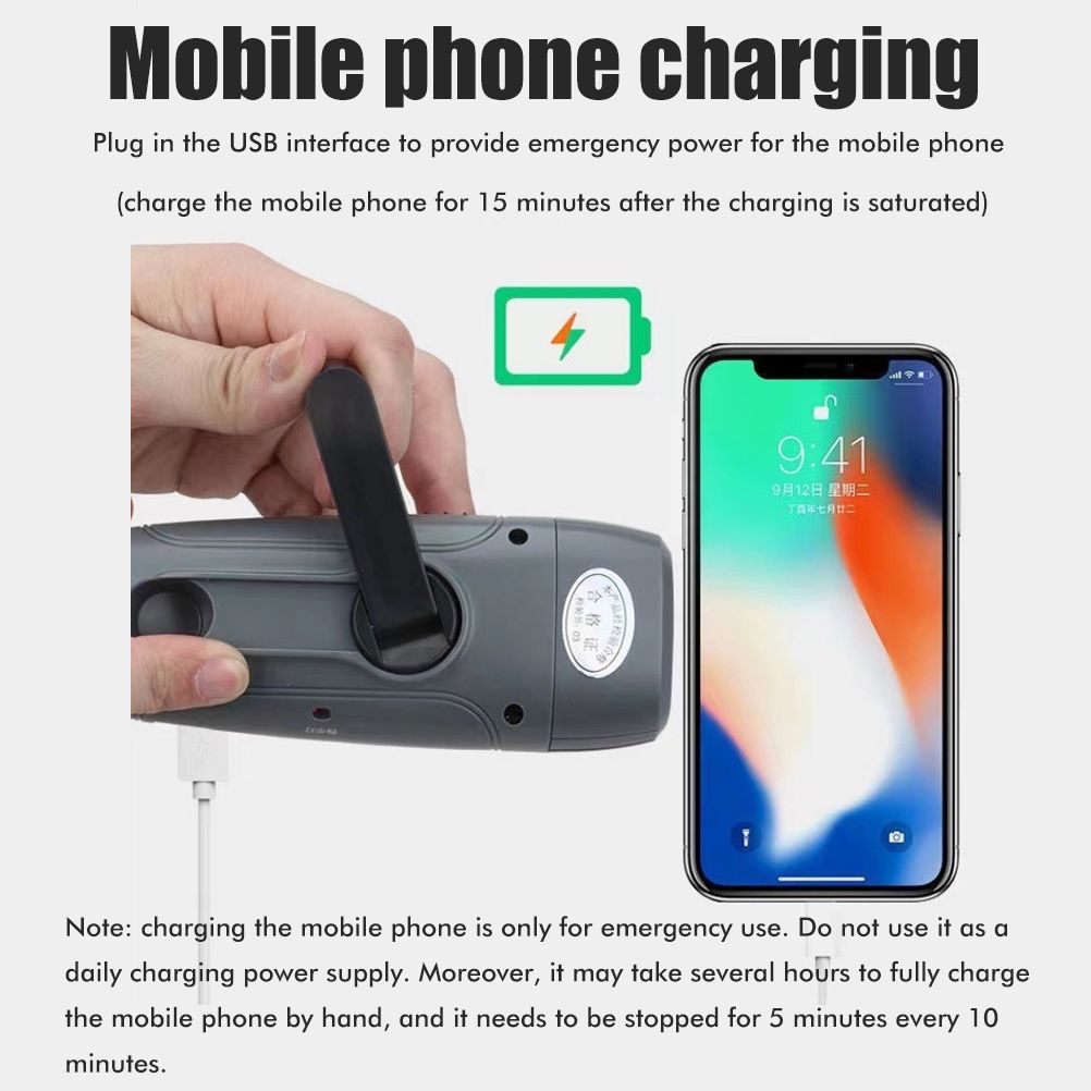 Hand Crank Charging Flashlight with 3 LED Light FM Radio Alarm for Travel Camping Mining Disaster