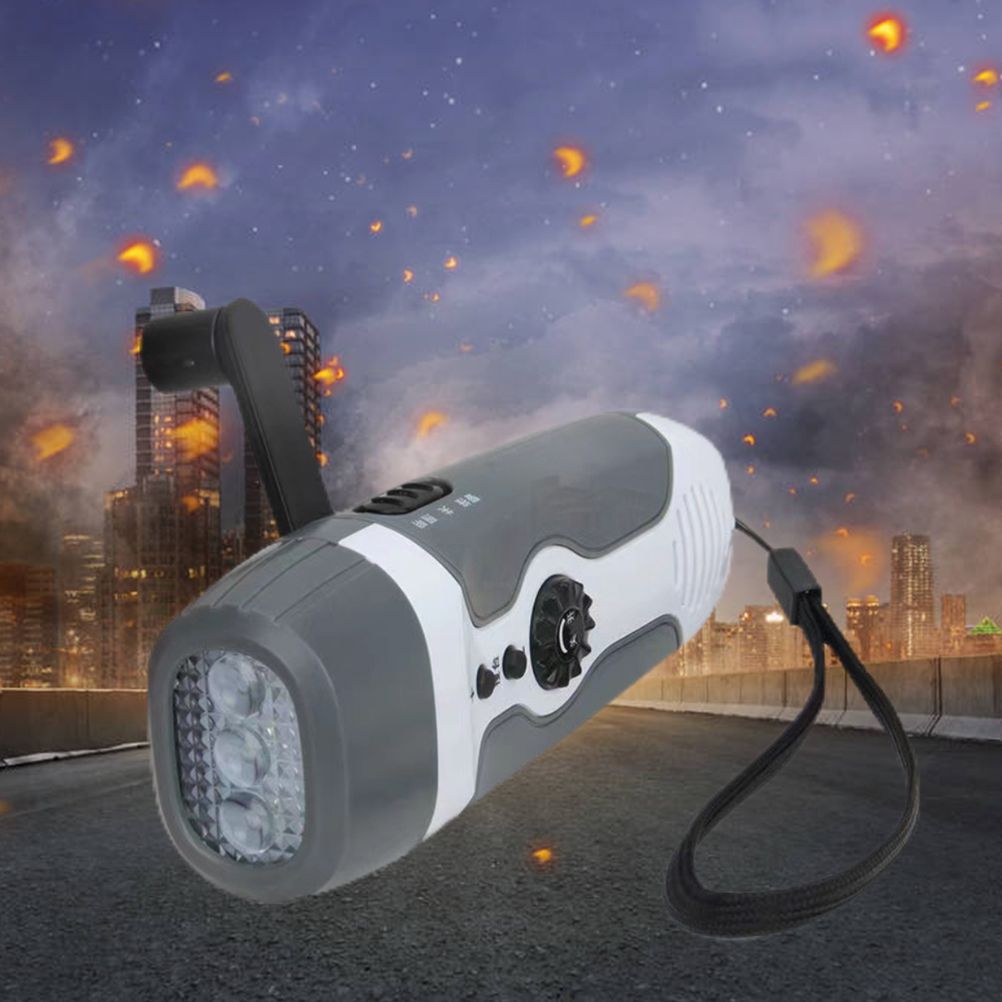 Hand Crank Charging Flashlight with 3 LED Light FM Radio Alarm for Travel Camping Mining Disaster