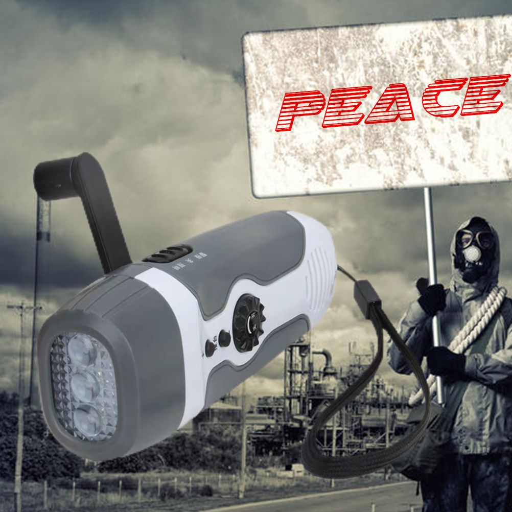 Hand Crank Charging Flashlight with 3 LED Light FM Radio Alarm for Travel Camping Mining Disaster
