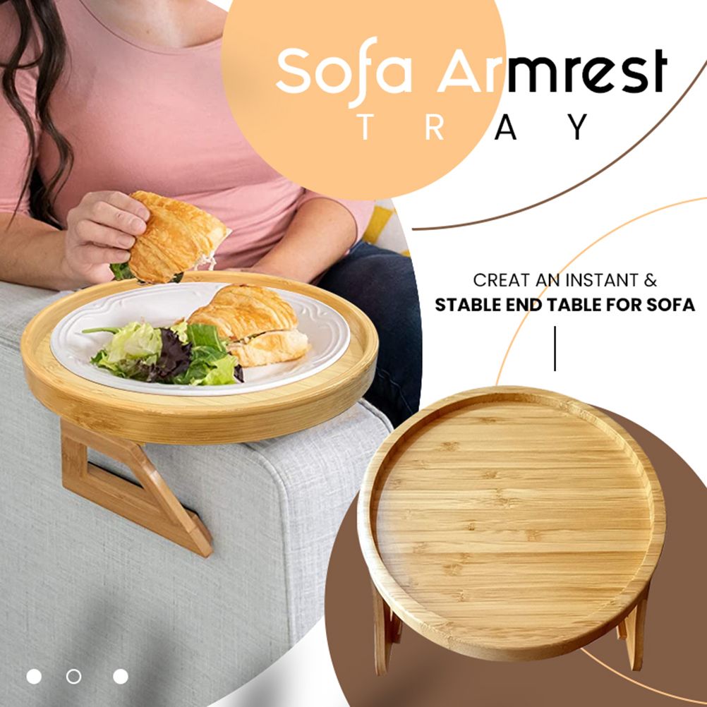 Clip On Tray Sofa Table Portable Couch Arm Tray Table Natural Bamboo Sofa Armrest Clip On Tray for Eating and Drink