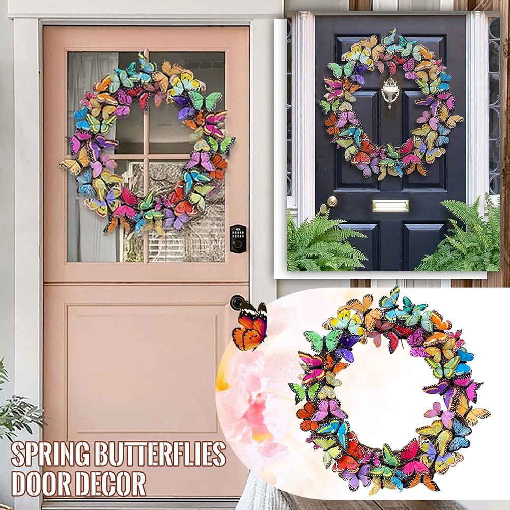 Artificial Butterfly Wreath Outdoor Decorative Welcome Wreath for Front Door Wall Window Spring Party Decoration