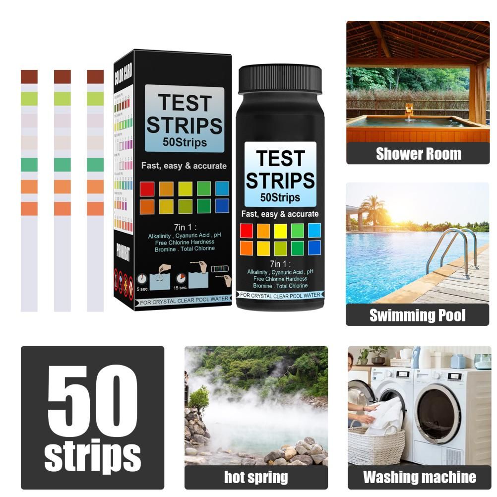 7 in 1 Swimming Pool Water Test Paper 50Pcs Water Quality Strips for Testing PH Chlorine Bromine Acidity Cyanide