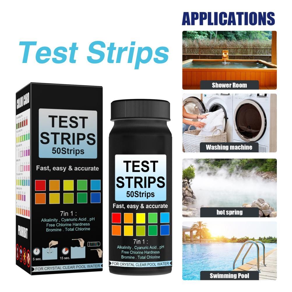 7 in 1 Swimming Pool Water Test Paper 50Pcs Water Quality Strips for Testing PH Chlorine Bromine Acidity Cyanide