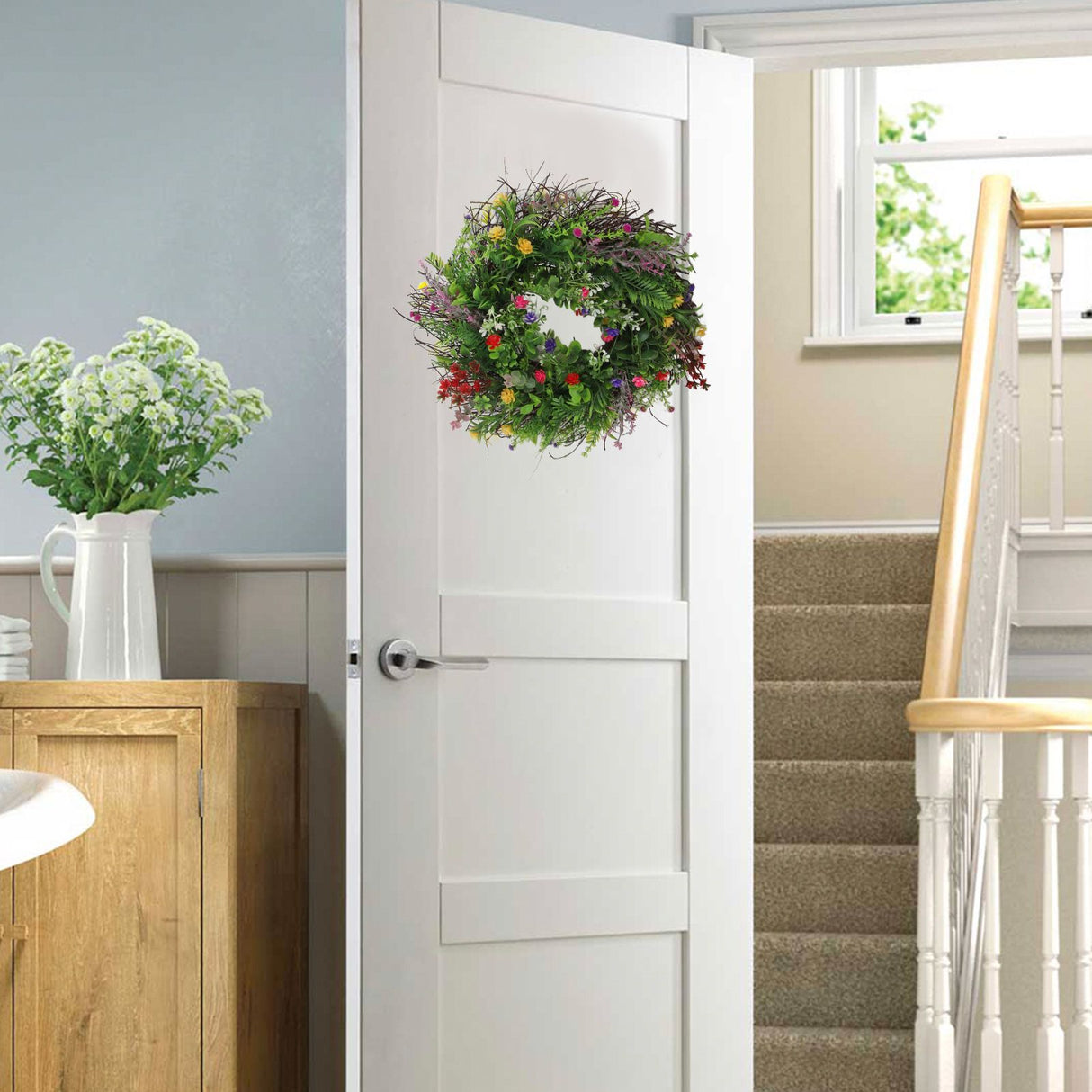 Spring Wildflowers Wreath for Front Door Dried Flower Artificial Wreath Hanging for Home Mall Wedding Decoration