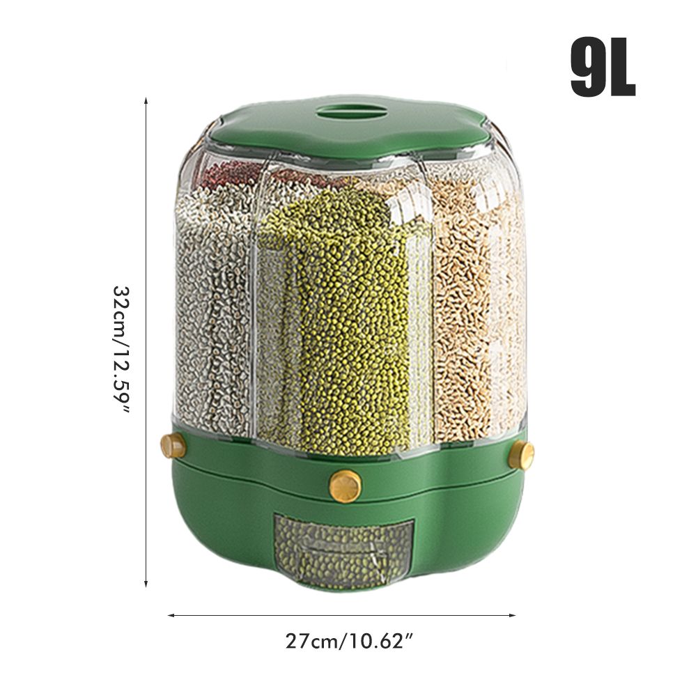 Food Grain Storage Container Large Capacity 9L 6 Grid Rotatable Rice Dispenser Sealed Grain Food Storage Box Kitchen Storage Bucket for Home Kitchen