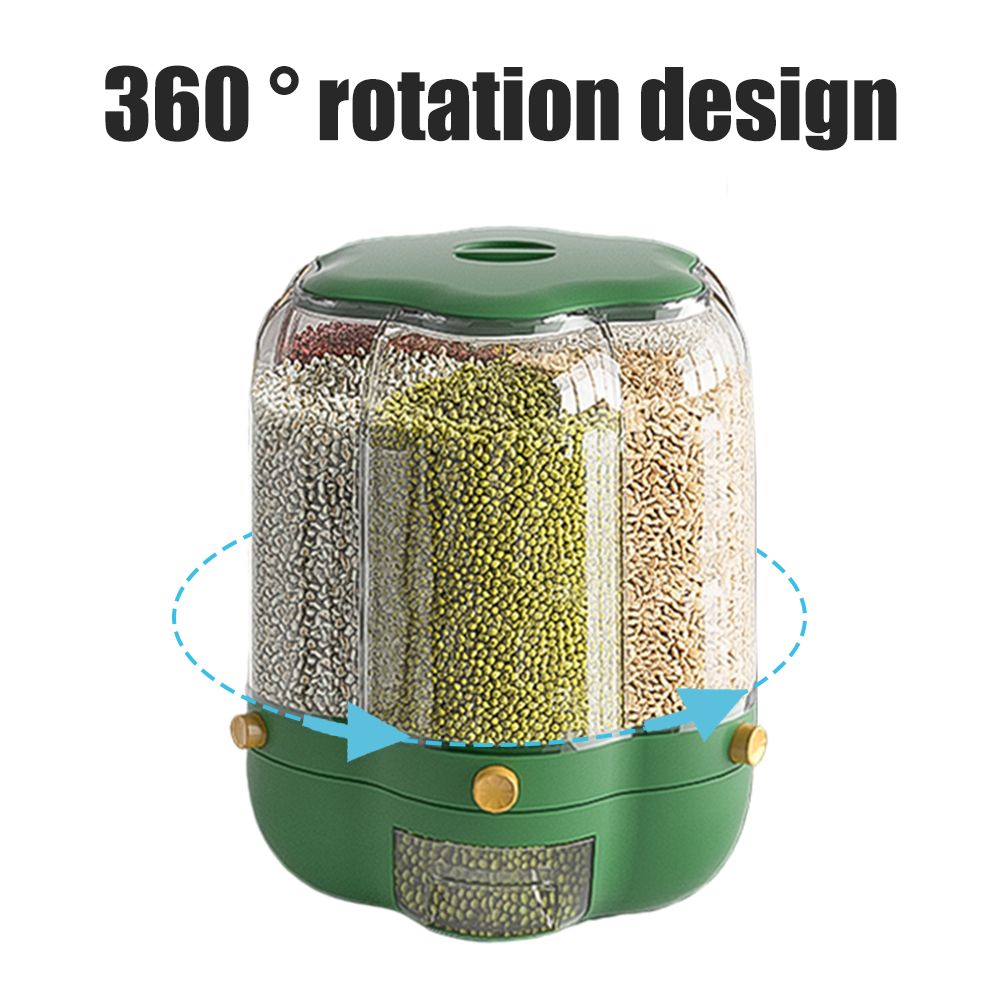 Food Grain Storage Container Large Capacity 9L 6 Grid Rotatable Rice Dispenser Sealed Grain Food Storage Box Kitchen Storage Bucket for Home Kitchen