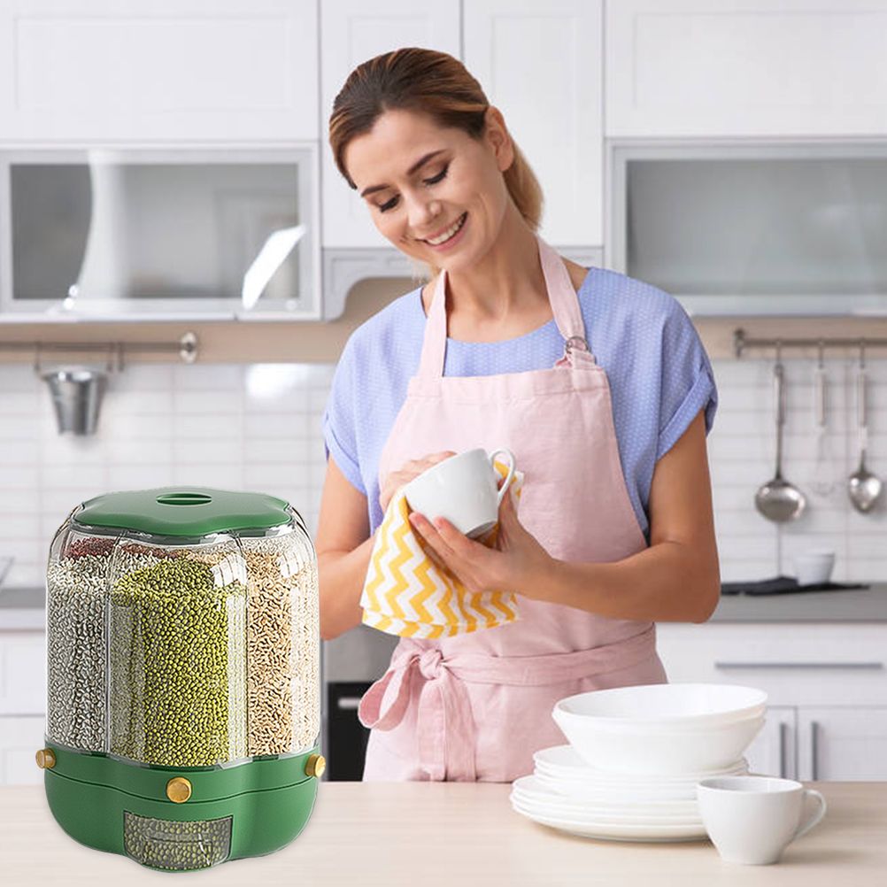 Food Grain Storage Container Large Capacity 9L 6 Grid Rotatable Rice Dispenser Sealed Grain Food Storage Box Kitchen Storage Bucket for Home Kitchen