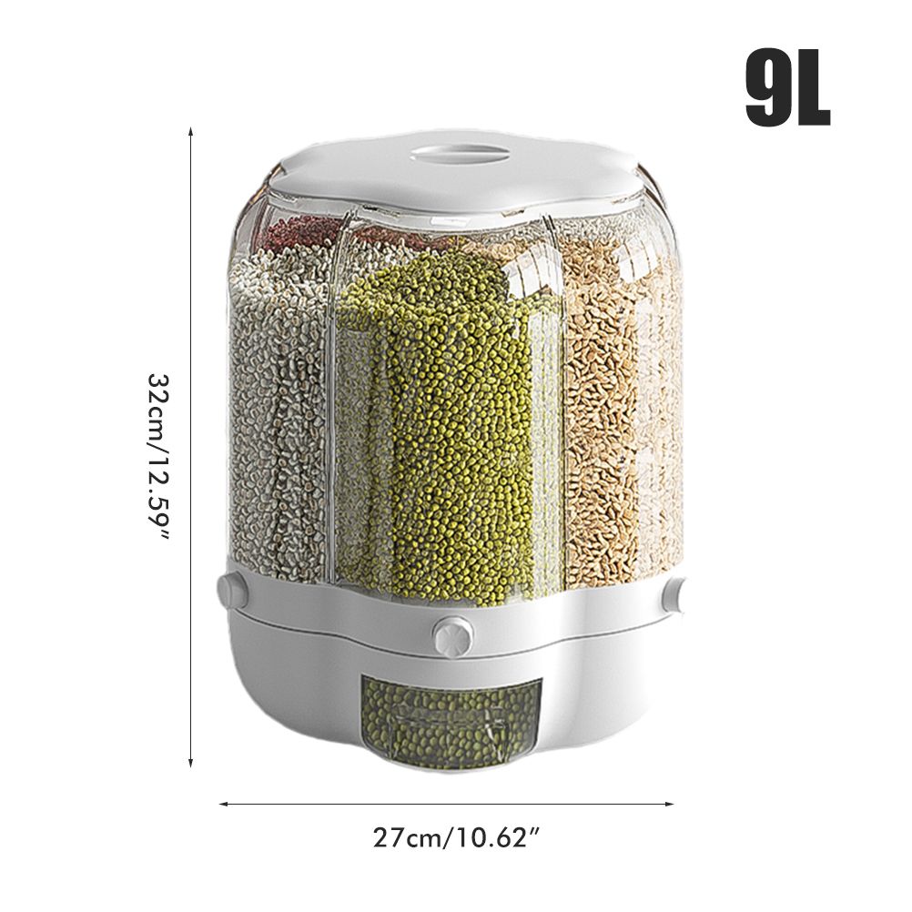 Food Grain Storage Container Large Capacity 9L 6 Grid Rotatable Rice Dispenser Sealed Grain Food Storage Box Kitchen Storage Bucket for Home Kitchen
