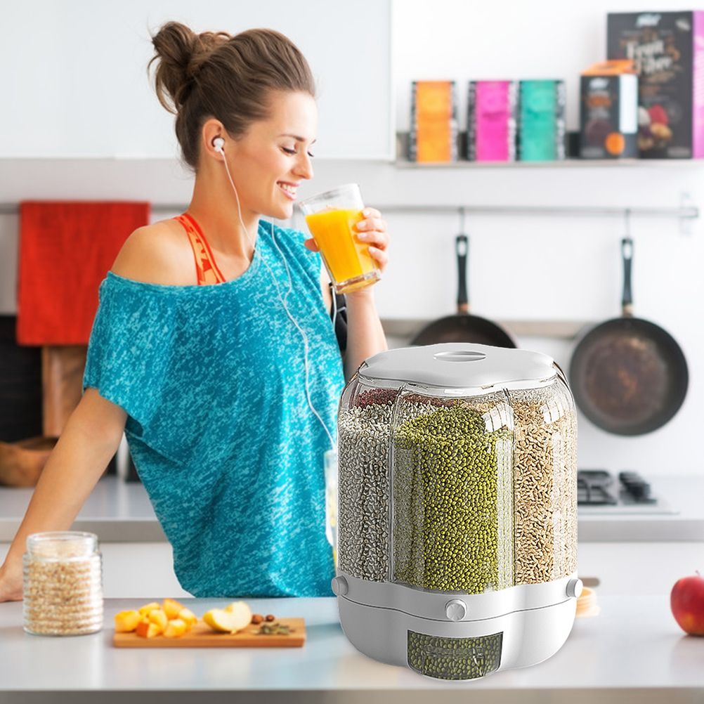 Food Grain Storage Container Large Capacity 9L 6 Grid Rotatable Rice Dispenser Sealed Grain Food Storage Box Kitchen Storage Bucket for Home Kitchen
