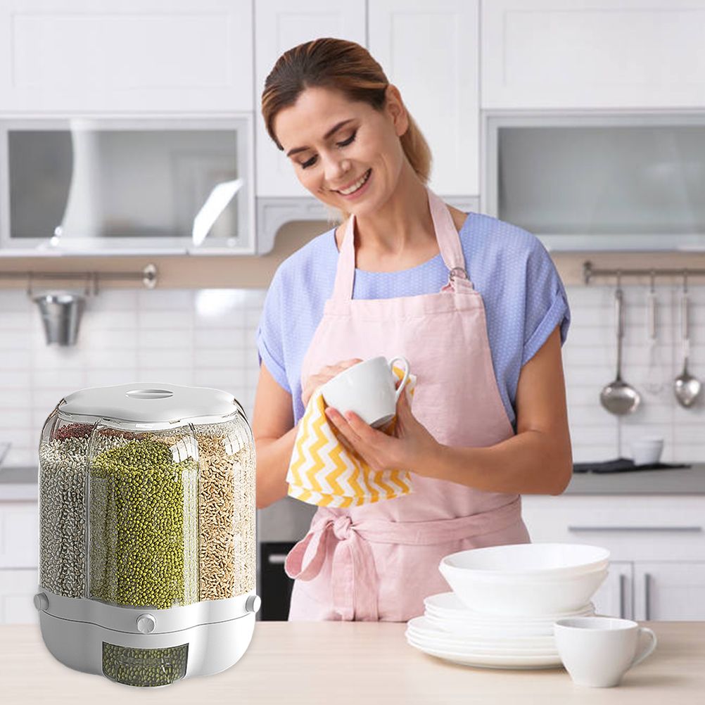Food Grain Storage Container Large Capacity 9L 6 Grid Rotatable Rice Dispenser Sealed Grain Food Storage Box Kitchen Storage Bucket for Home Kitchen