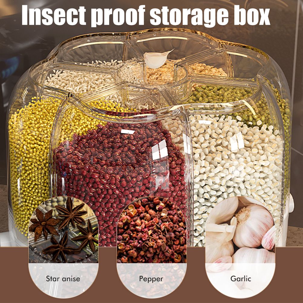 Food Grain Storage Container Large Capacity 9L 6 Grid Rotatable Rice Dispenser Sealed Grain Food Storage Box Kitchen Storage Bucket for Home Kitchen