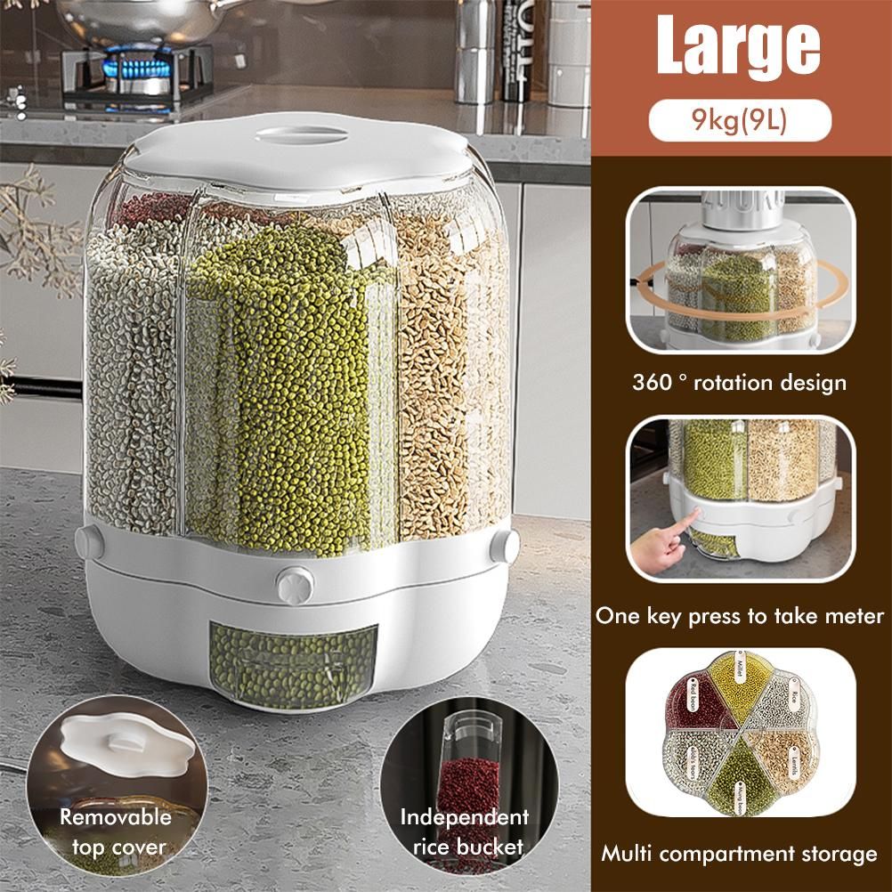 Food Grain Storage Container Large Capacity 9L 6 Grid Rotatable Rice Dispenser Sealed Grain Food Storage Box Kitchen Storage Bucket for Home Kitchen