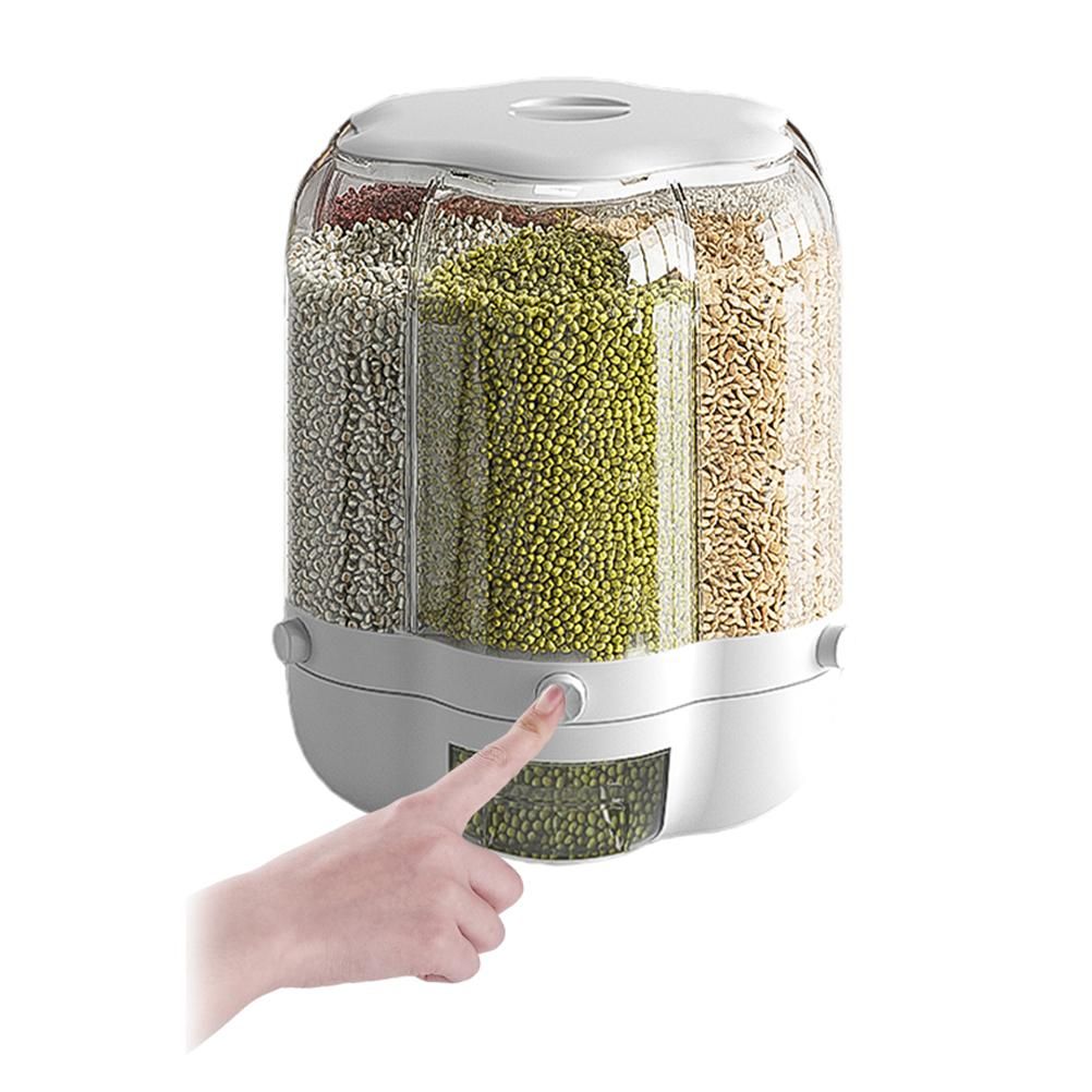 Food Grain Storage Container Large Capacity 9L 6 Grid Rotatable Rice Dispenser Sealed Grain Food Storage Box Kitchen Storage Bucket for Home Kitchen