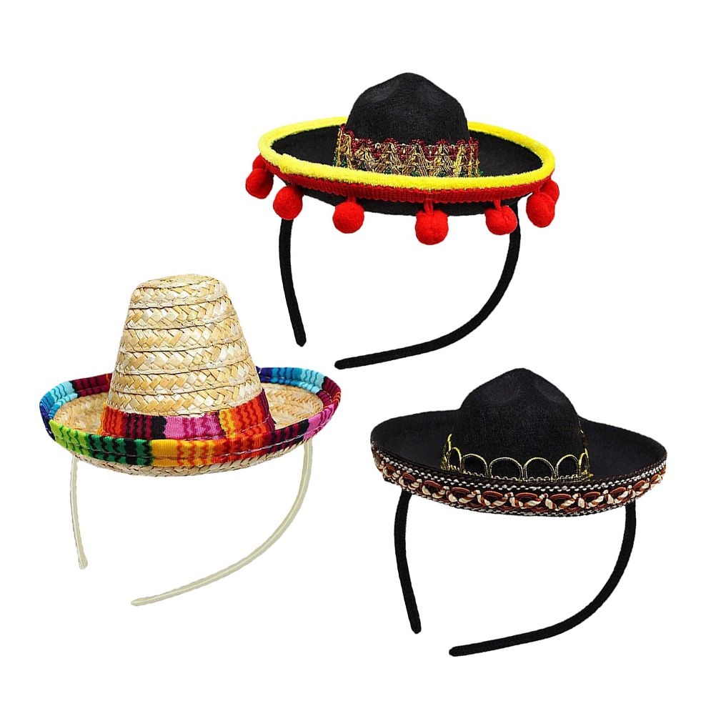 3 Pack Cinco De Mayo Fiesta Headbands Party Decorations Non Woven and Straw Sombrero Party Hats Photo Booth Props for Kids Pet