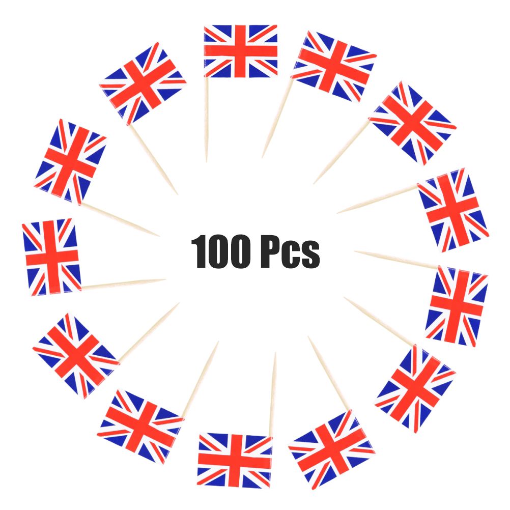 100Pcs Union Jack Mini Flags Hand Held British Toothpick Flags Cupcake Toppers UK Flags Fruit Sticks Party Decorations