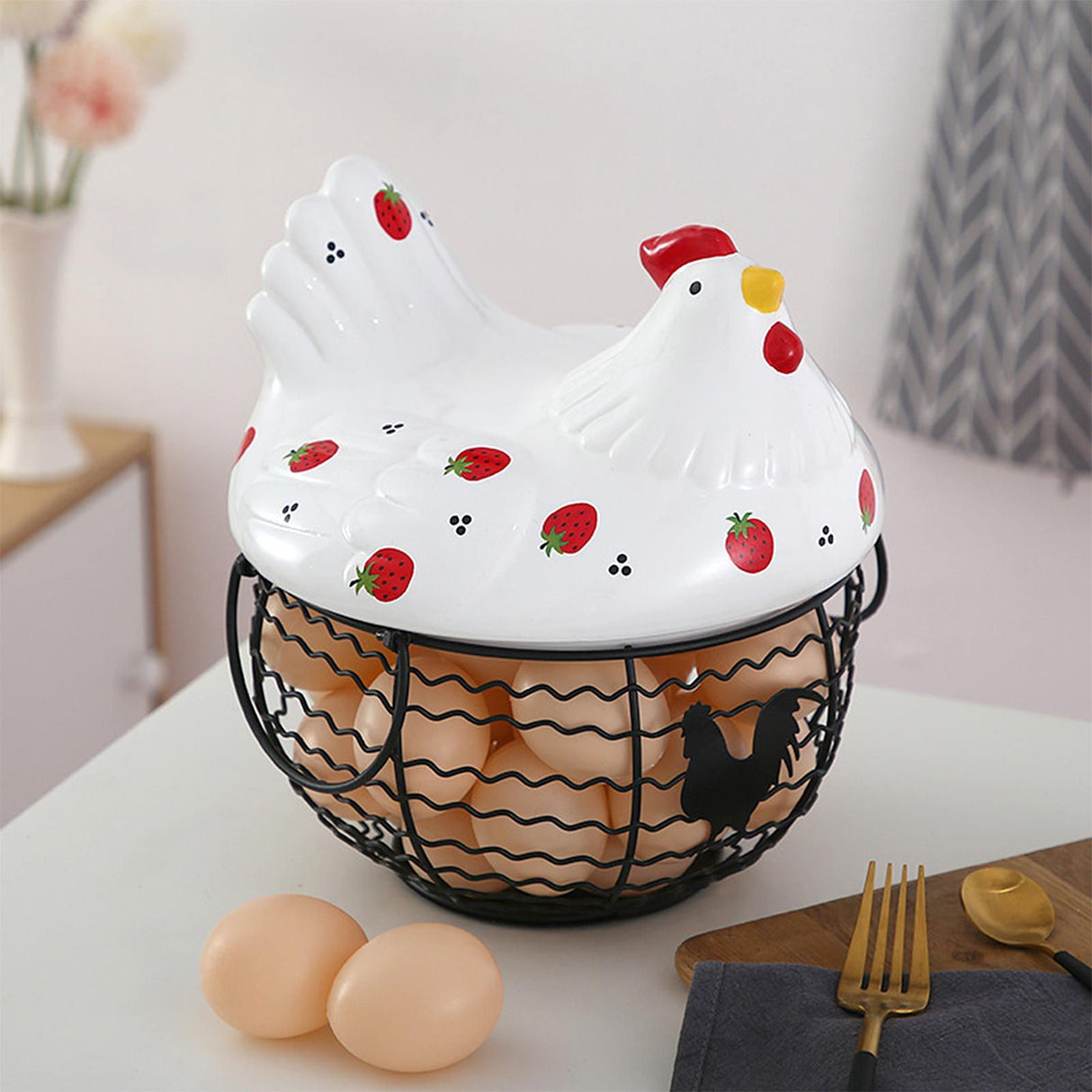 Strawberry Storage Basket Wrought Iron Basket Ceramic Egg Basket Living Room Fruit Storage Basket Kitchen Nordic Decor