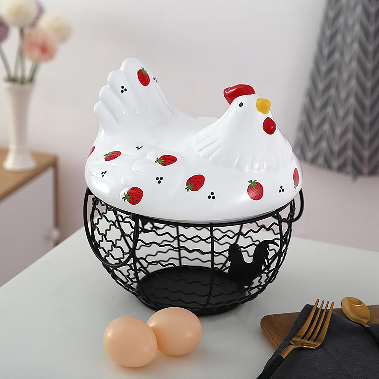 Strawberry Storage Basket Wrought Iron Basket Ceramic Egg Basket Living Room Fruit Storage Basket Kitchen Nordic Decor