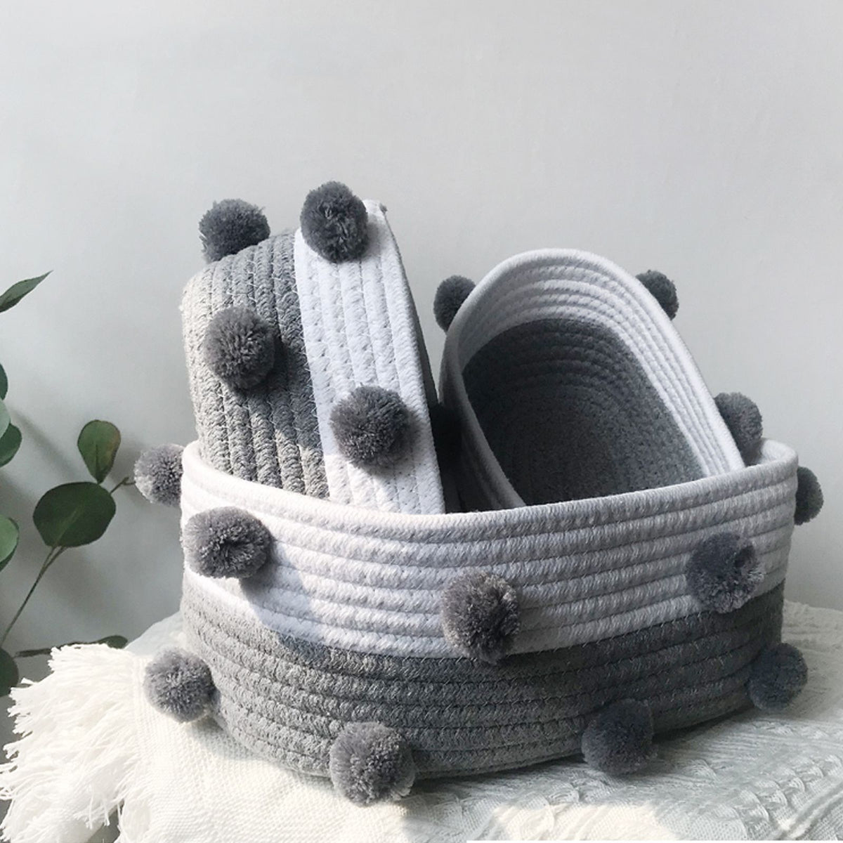 Cotton Rope Knitting With Fur Ball Storage Basket Snacks Keys Sundries Basket