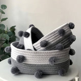Cotton Rope Knitting With Fur Ball Storage Basket Snacks Keys Sundries Basket - Close-Up Angle