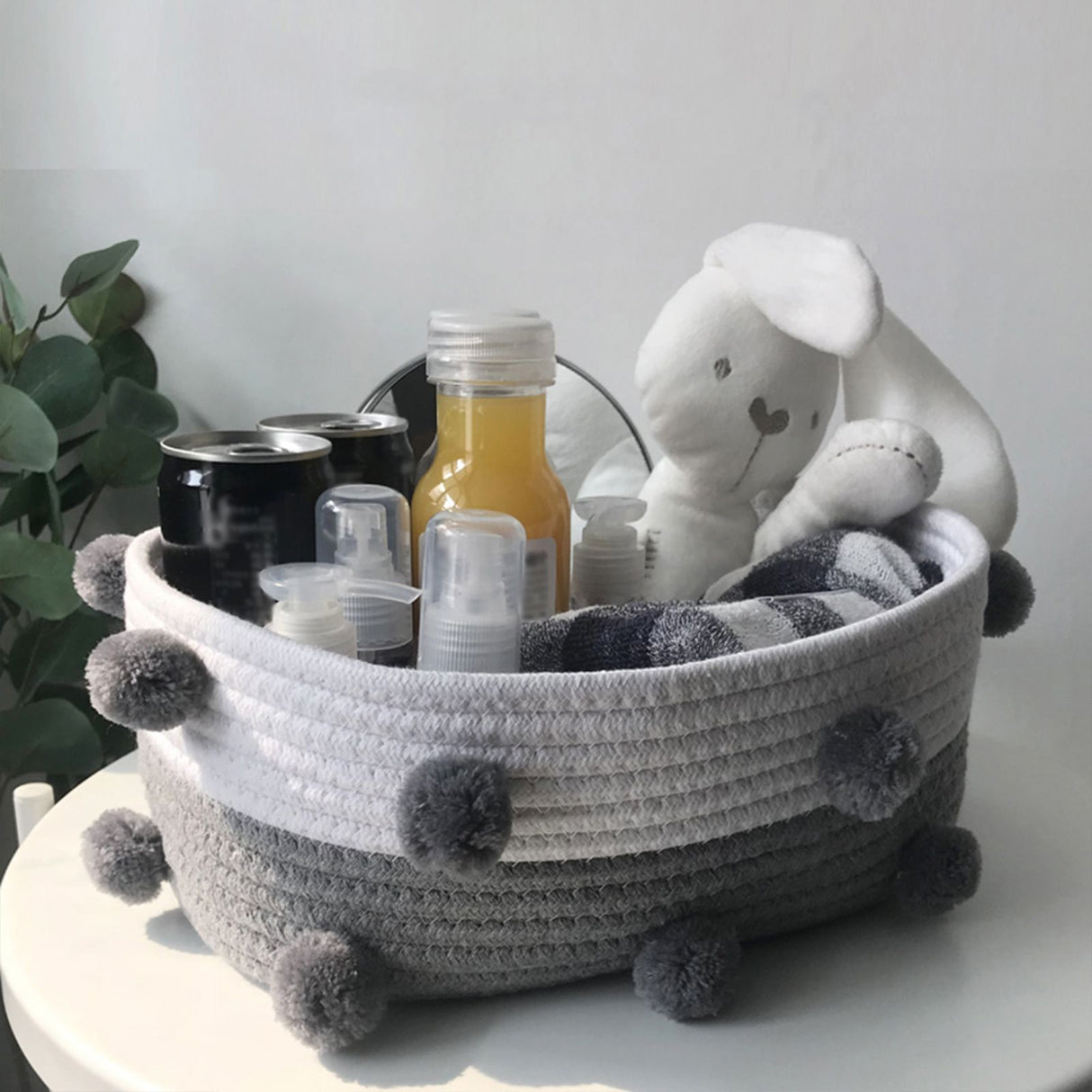 Cotton Rope Knitting With Fur Ball Storage Basket Snacks Keys Sundries Basket