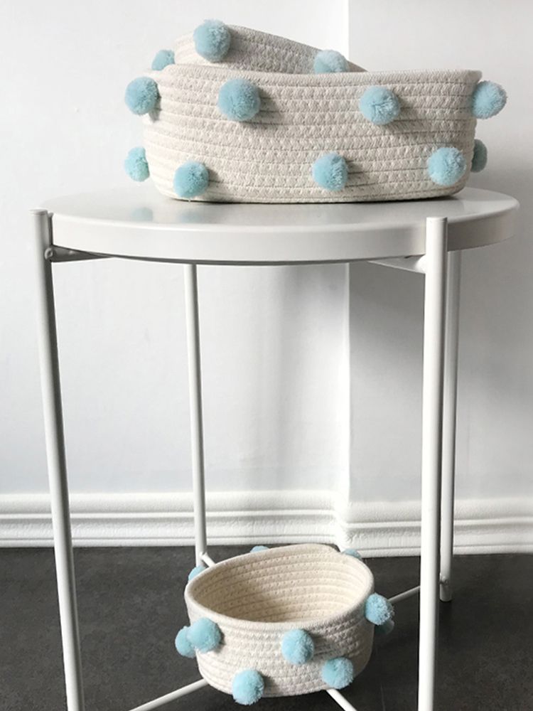 Cotton Rope Knitting With Fur Ball Storage Basket Snacks Keys Sundries Basket