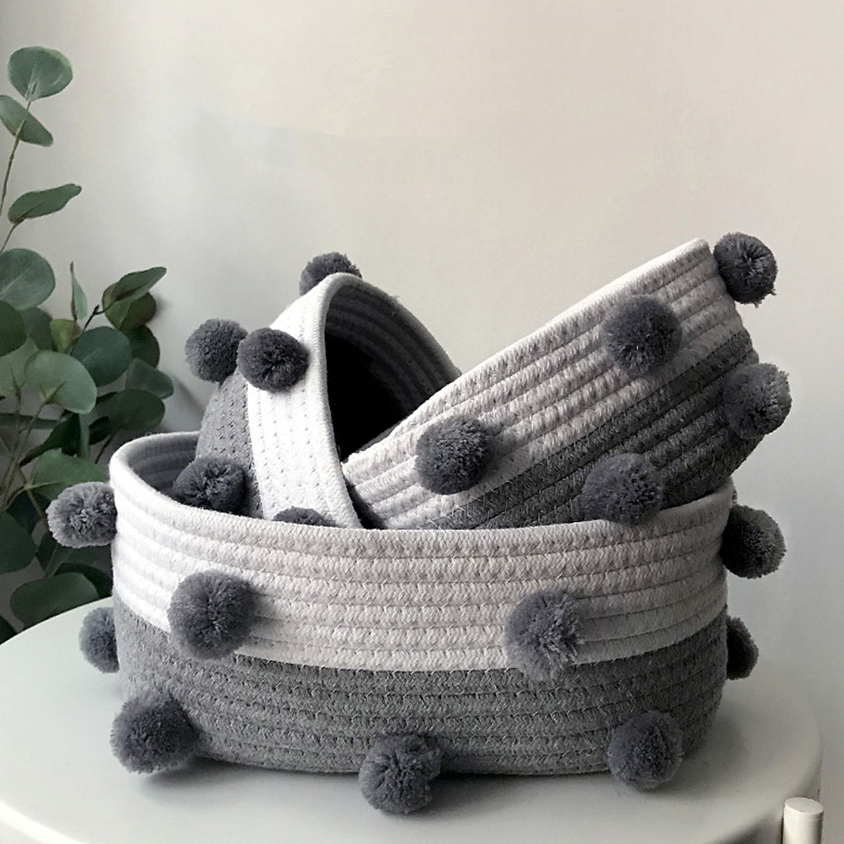 Cotton Rope Knitting With Fur Ball Storage Basket Snacks Keys Sundries Basket