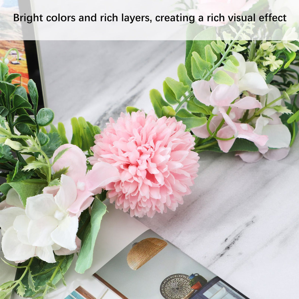 Iron Flower Plant Wall Hanging Wreath Artificial Wreath Silk Fabric Hanging Door Wreath for Living Room Bedroom Wedding