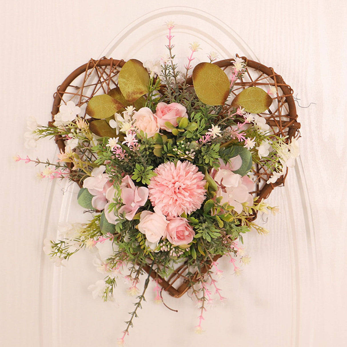 Iron Flower Plant Wall Hanging Wreath Artificial Wreath Silk Fabric Hanging Door Wreath for Living Room Bedroom Wedding
