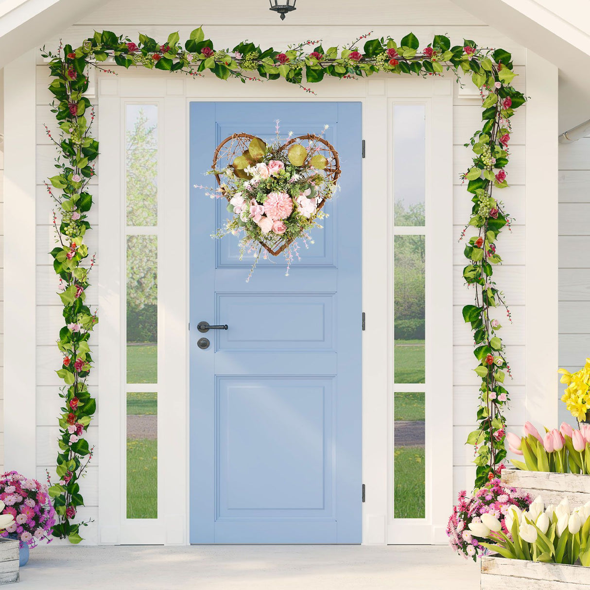 Iron Flower Plant Wall Hanging Wreath Artificial Wreath Silk Fabric Hanging Door Wreath for Living Room Bedroom Wedding
