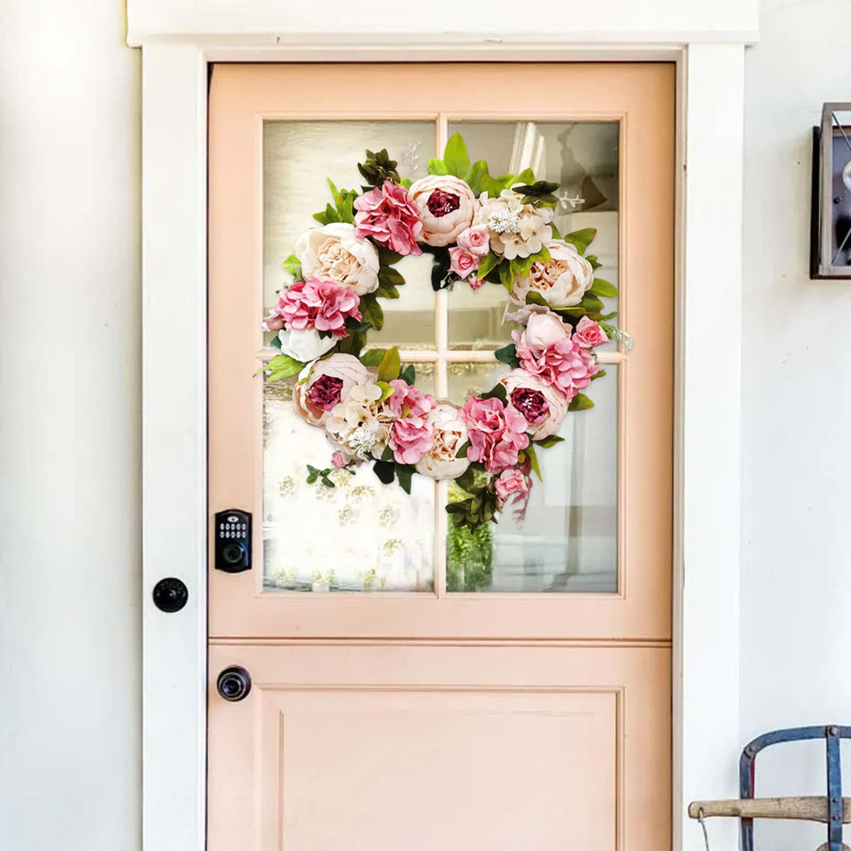 Artificial Peony Wreath Rattan Silk Cloth Simulation Decorative Front Door Wreath for Indoor Outdoor