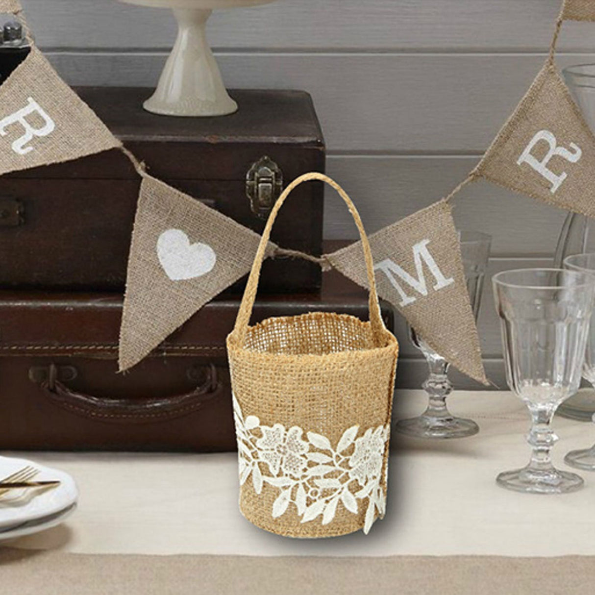Burlap Flower Basket European Retro Flower Girl Basket Handmade Wedding Candy Basket